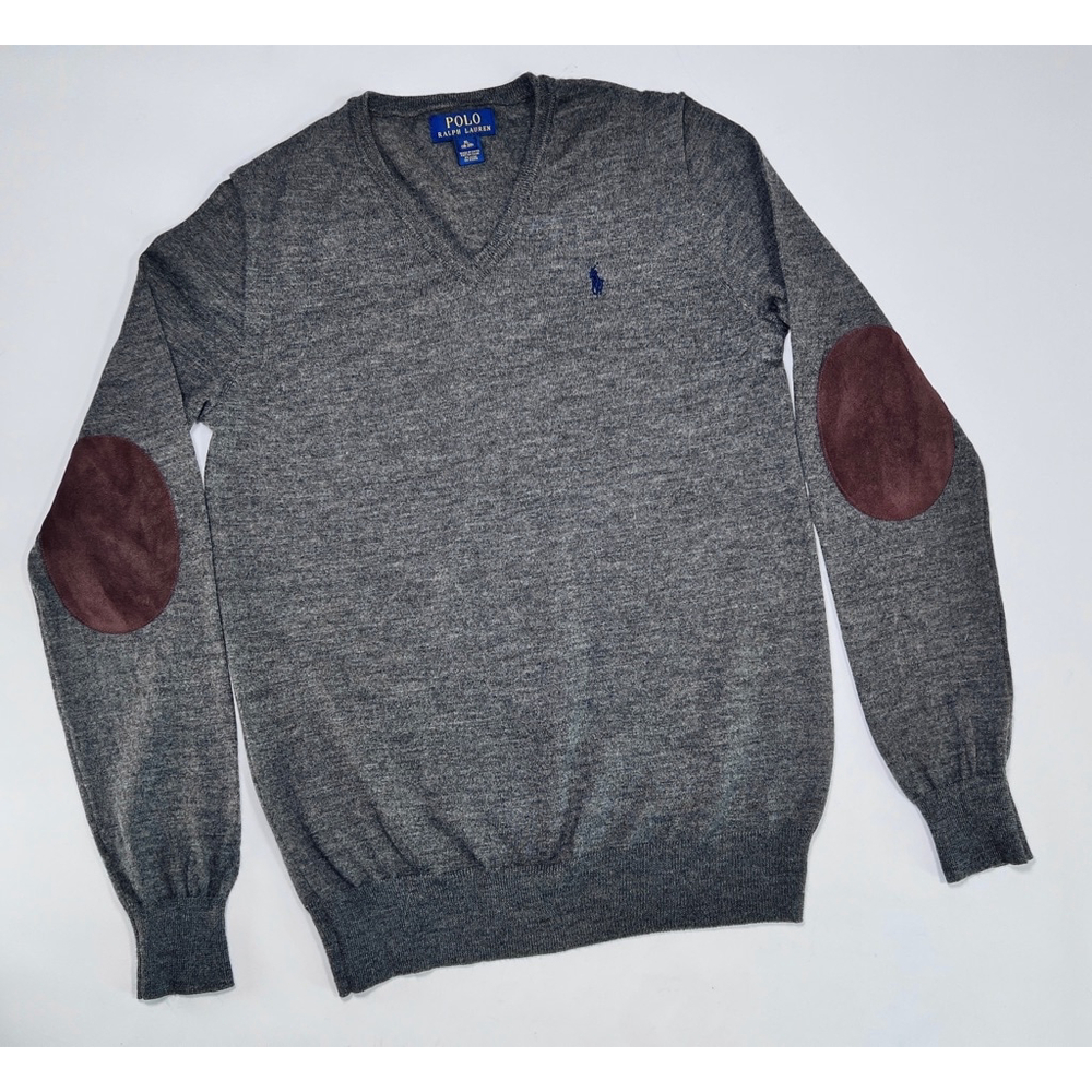 Polo by Ralph Lauren Gray V-Neck Sweater with Brown Elbow Patches